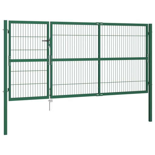 Zöld acél kerti kerítéskapu póznákkal 350 x 140 cm
