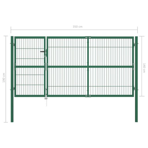 Zöld acél kerti kerítéskapu póznákkal 350 x 140 cm