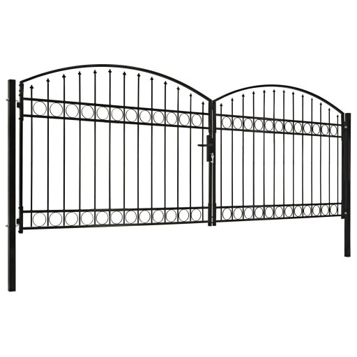 Ívelt tetejű kétajtós fekete acél kerítéskapu 400 x 125 cm