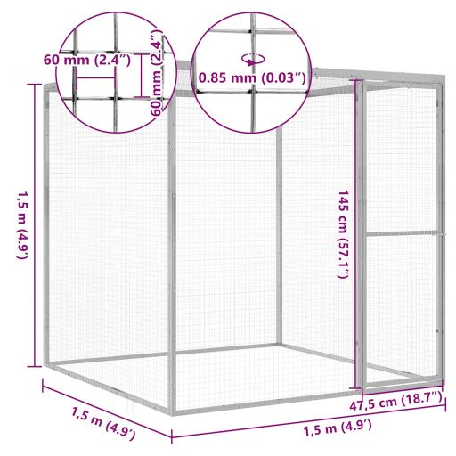 Horganyzott acél macskaketrec 1,5 x 1,5 x 1,5 m