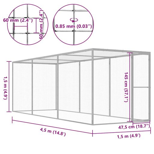 Horganyzott acél macskaketrec 4,5 x 1,5 x 1,5 m