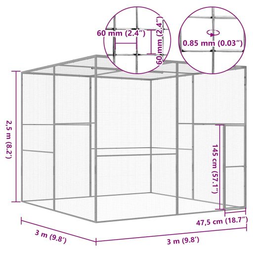 Horganyzott acél macskaketrec 3 x 3 x 2,5 m