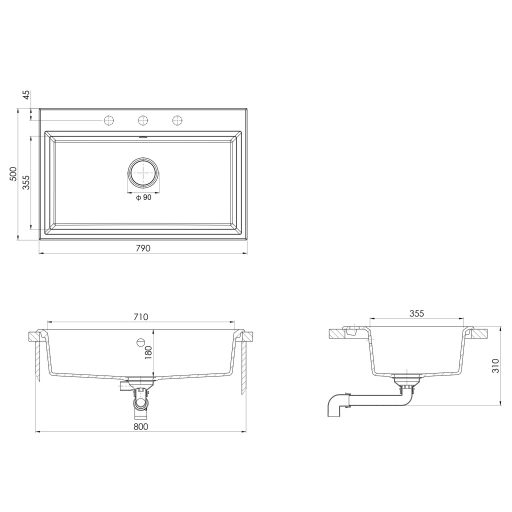 Konyhai mosogató Fekete 790x500x193 mm Gránit