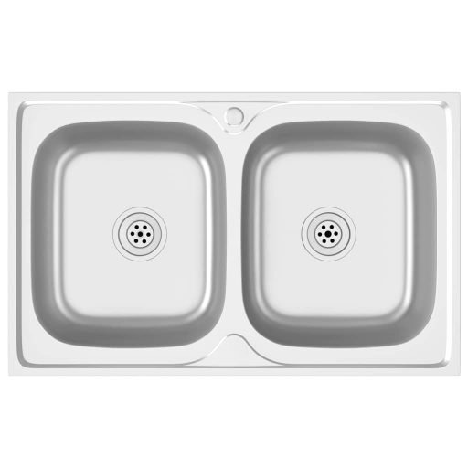 Ezüst rozsdamentes acél dupla konyhamosogató 800 x 500 x 155 mm