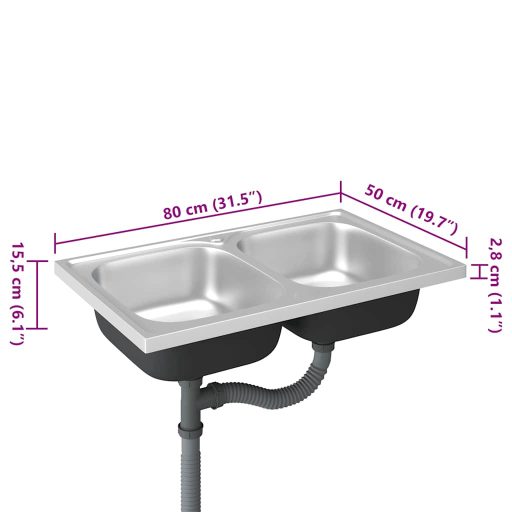 Ezüst rozsdamentes acél dupla konyhamosogató 800 x 500 x 155 mm