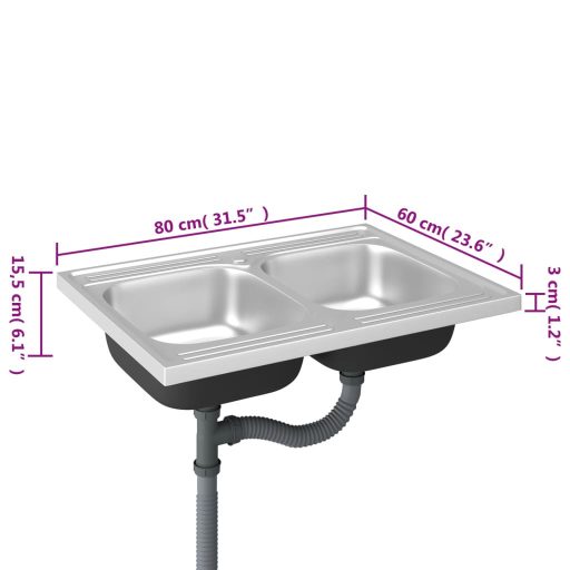 Ezüst rozsdamentes acél dupla konyhamosogató 800 x 600 x 155 mm