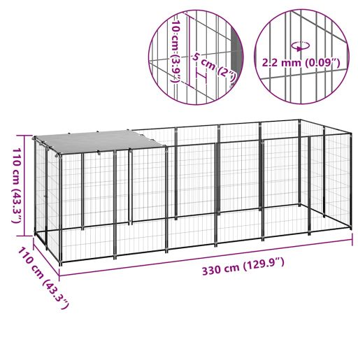 Fekete acél kutyakennel 330 x 110 x 110 cm