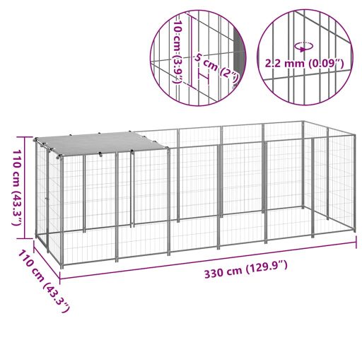 Ezüstszínű acél kutyakennel 330 x 110 x 110 cm