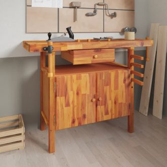   Tömör akácfa munkaasztal fiókkal és satukkal 124 x 52 x 83 cm