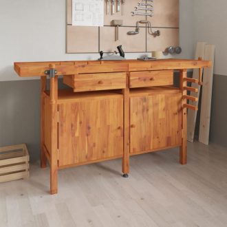   Tömör akácfa munkaasztal fiókokkal és satukkal 162 x 62 x 83 cm