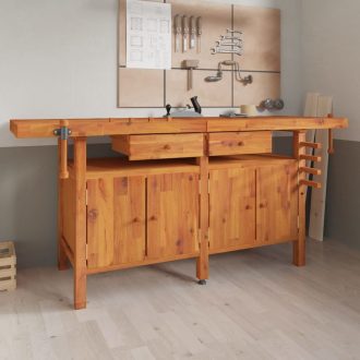   Tömör akácfa munkaasztal fiókokkal és satukkal 192 x 62 x 83 cm