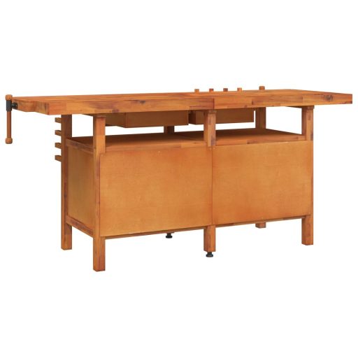 Tömör akácfa munkaasztal fiókokkal és satukkal 192 x 62 x 83 cm
