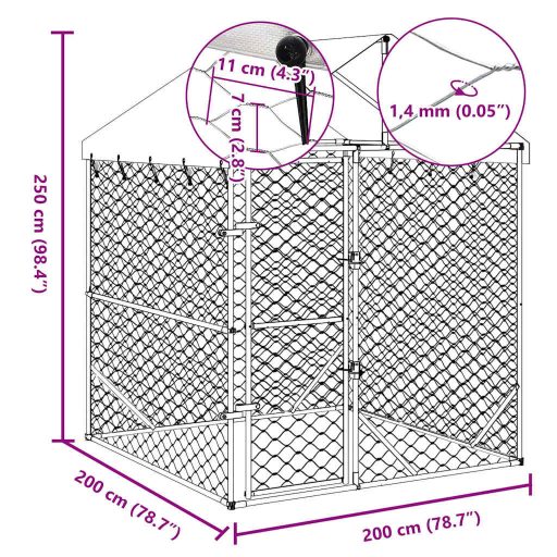 Ezüstszínű horganyzott acél kutyakennel tetővel 2x2x2,5 m