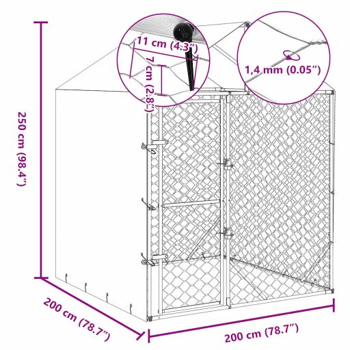 Ezüstszínű horganyzott acél kutyakennel tetővel 2x2x2,5 m