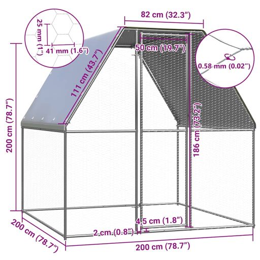Ezüst és szürke horganyzott acél tyúkketrec 2 x 2 x 2 m