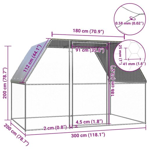 Ezüst és szürke horganyzott acél csirkeketrec 3 x 2 x 2 m