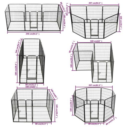 Fekete színű acél kutyakennel 8 panelből 80 x 100 cm