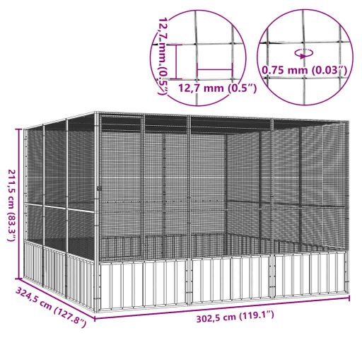 Szürke horganyzott acél madárketrec 302,5x324,5x211,5 cm