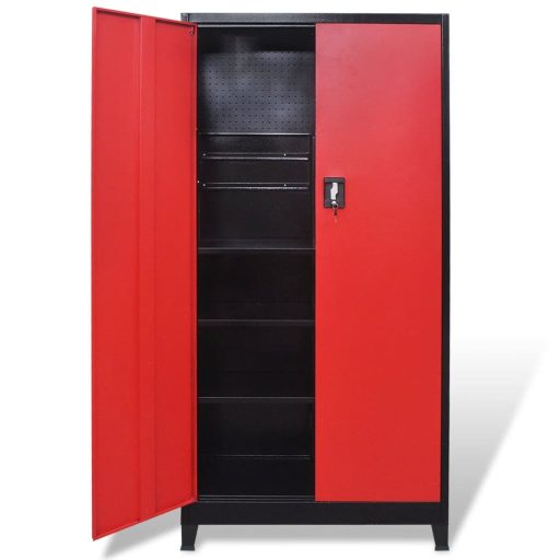 Fekete és piros 2 ajtós acél szerszámos szekrény 90x40x180 cm