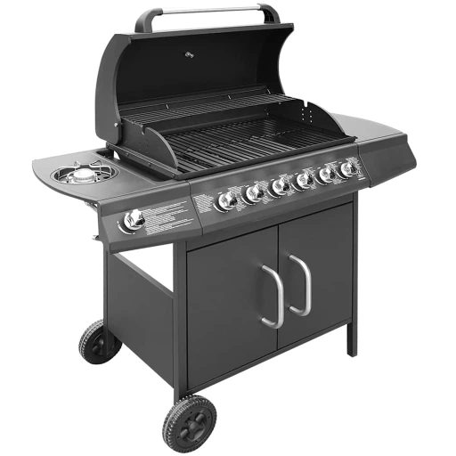 Fekete gáz grillsütő 6+1 főzőfelülettel