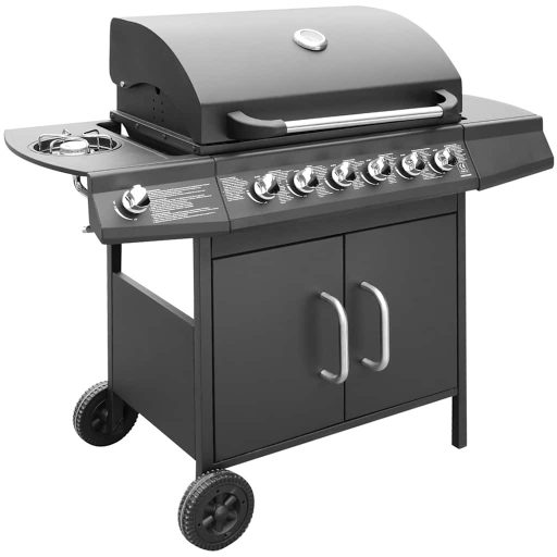 Fekete gáz grillsütő 6+1 főzőfelülettel