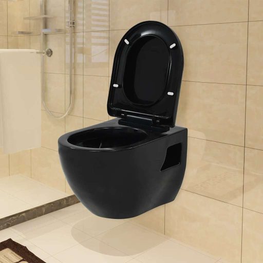 Falra szerelhető fekete kerámia WC rejtett öblítőtartállyal