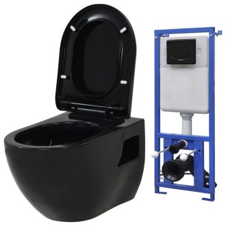   Fekete falra szerelhető kerámia WC rejtett öblítőtartállyal