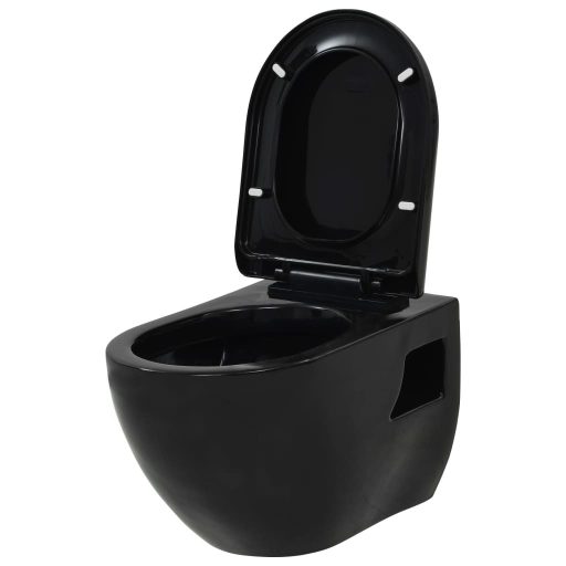 Fekete falra szerelhető kerámia WC rejtett öblítőtartállyal