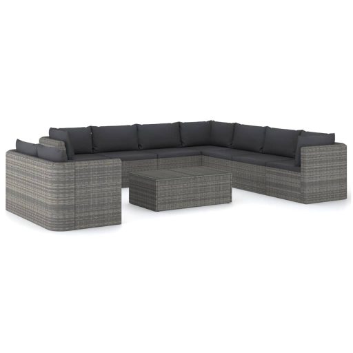 10 részes szürke polyrattan kerti bútorszett párnákkal