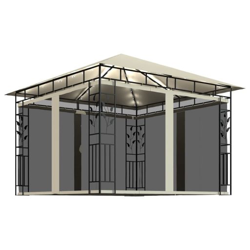 Krémszínű pavilon szúnyoghálóval/LED fényfüzérrel 3x3x2,73 m