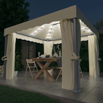   Krémfehér pavilon függönnyel és LED fényfüzérrel 3 x 3 m