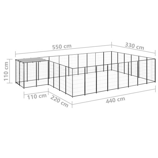 Fekete acél kutyakennel 15,73 m²