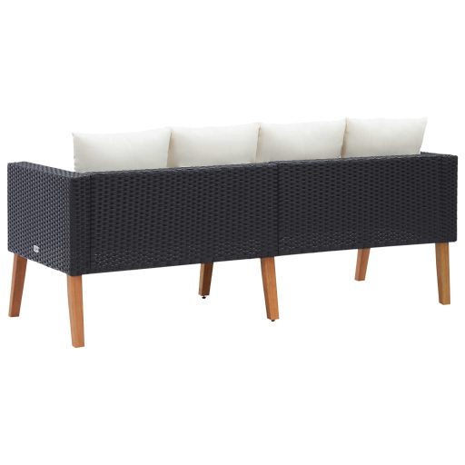 Kétszemélyes fekete polyrattan kerti kanapé párnákkal