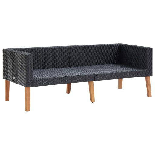 Kétszemélyes fekete polyrattan kerti kanapé párnákkal