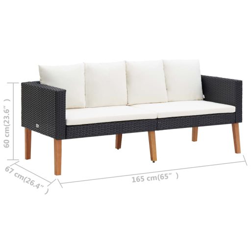 Kétszemélyes fekete polyrattan kerti kanapé párnákkal