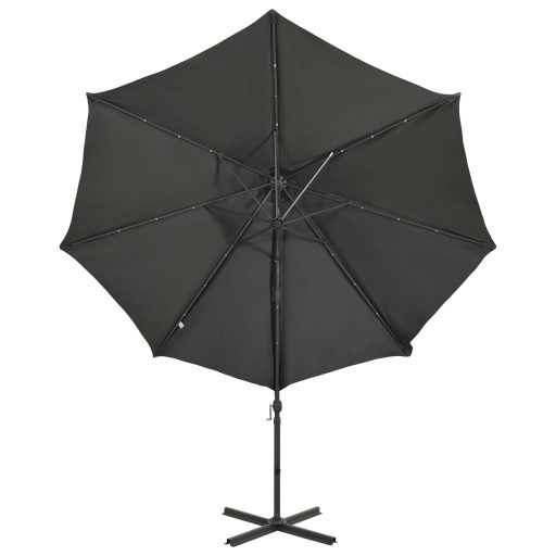 Antracitszürke konzolos napernyő rúddal és LED-fényekkel 300 cm