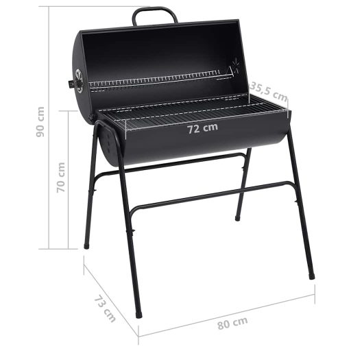 Fekete acél henger alakú grillsütő 2 sütőráccsal 80x95x90 cm