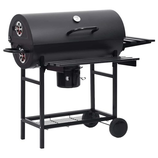 Fekete acél hengeres grillsütő kerékkel és polccal 115x85x95 cm