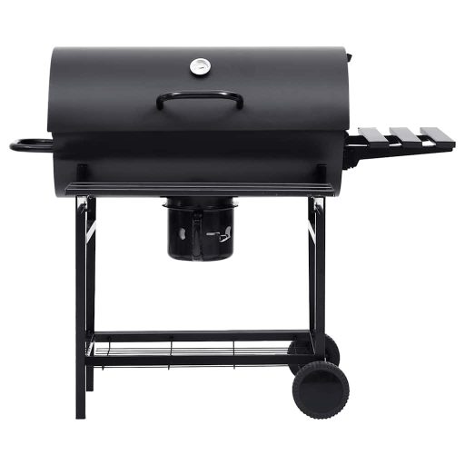 Fekete acél hengeres grillsütő kerékkel és polccal 115x85x95 cm