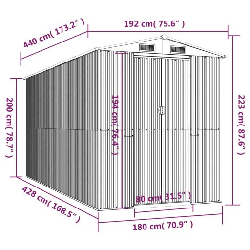 Zöld horganyzott acél kerti fészer 192x440x223 cm