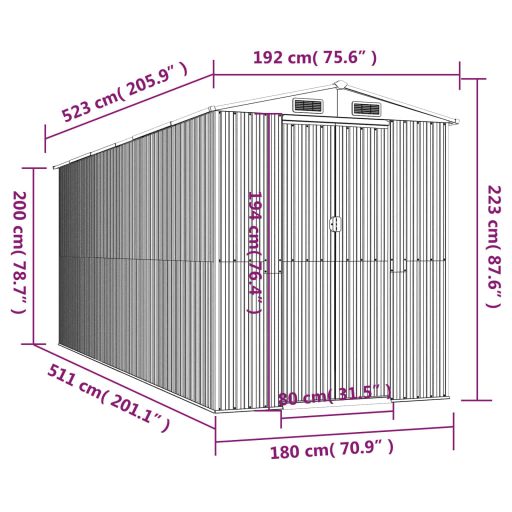 Sötétbarna horganyzott acél kerti fészer 192 x 523 x 223 cm