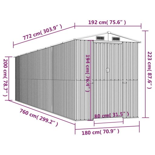 Sötétbarna horganyzott acél kerti fészer 192 x 772 x 223 cm