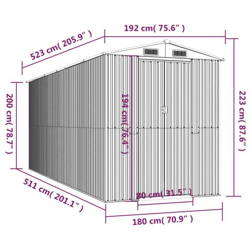 Világosbarna horganyzott acél kerti fészer 192x523x223 cm
