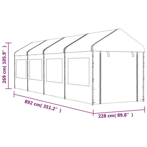 Fehér polietilén pavilon tetővel 8,92 x 2,28 x 2,69 m