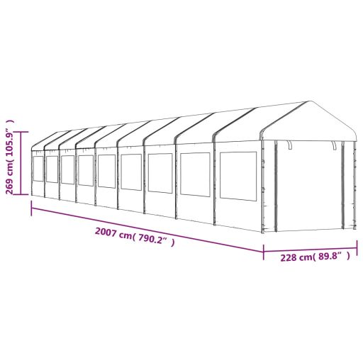Fehér polietilén pavilon tetővel 20,07 x 2,28 x 2,69 m