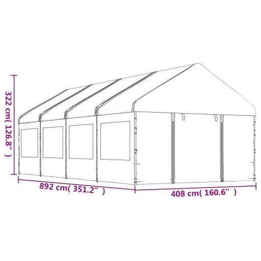 Fehér polietilén pavilon tetővel 8,92 x 4,08 x 3,22 m