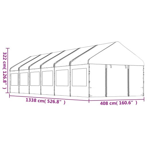 Fehér polietilén pavilon tetővel 13,38 x 4,08 x 3,22 m