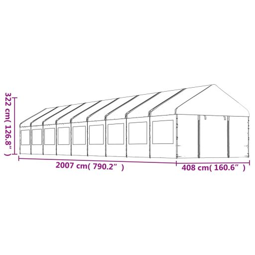 Fehér polietilén pavilon tetővel 20,07 x 4,08 x 3,22 m