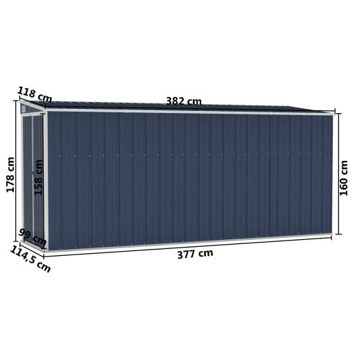 Antracitszürke acél falhoz erősíthető fészer 118 x 382 x 178 cm