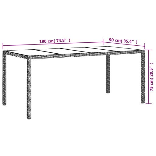 Barna polyrattan és edzett üveg kerti asztal 190 x 90 x 75 cm